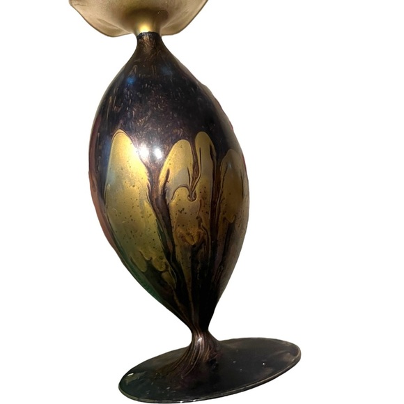 Two Vintage Art Glass Vases 7" Delicate Egg Shell Blown Glass Swirl Brown Gold - Picture 8 of 11
